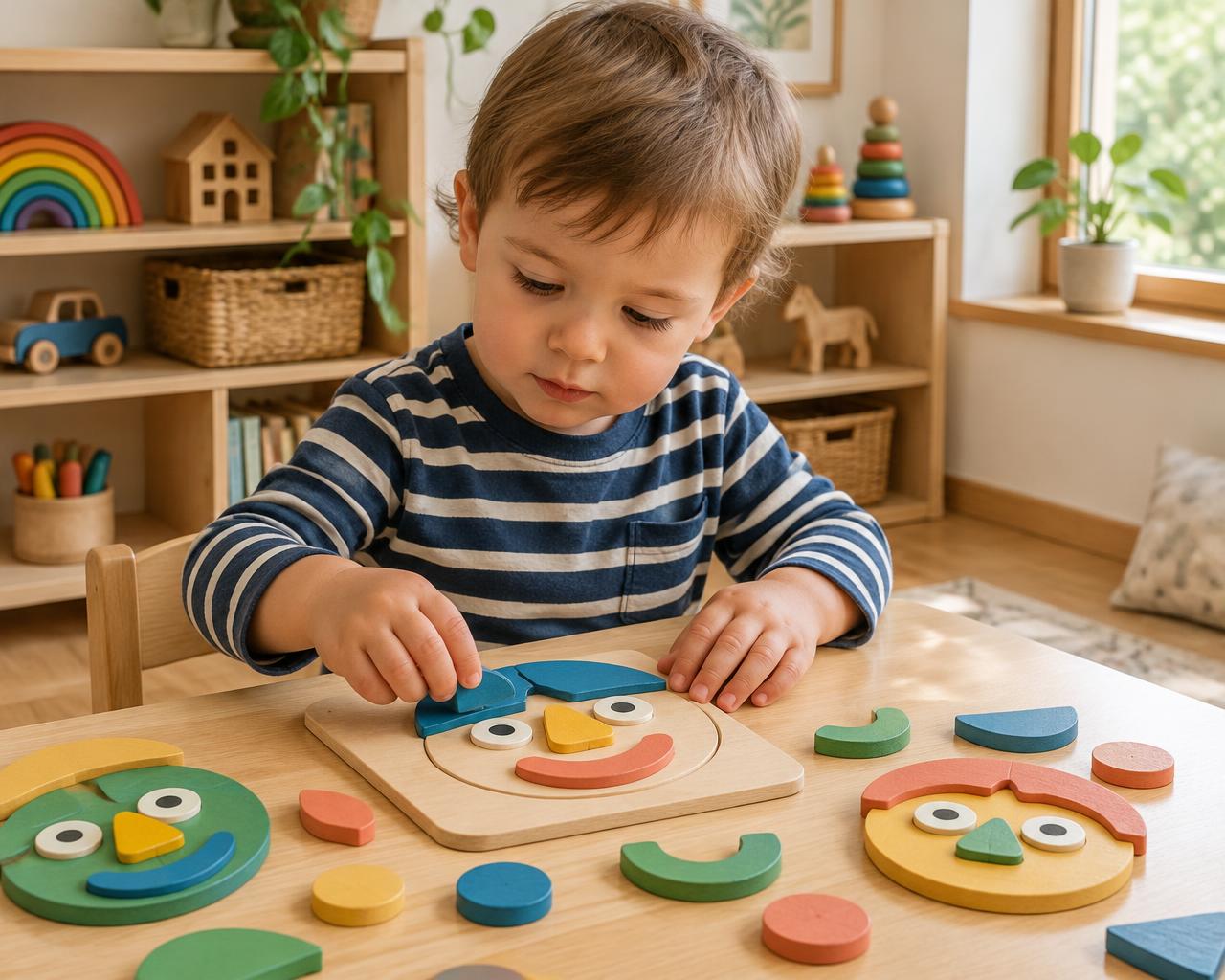 A young child discovering colorful wooden face puzzles at a play table